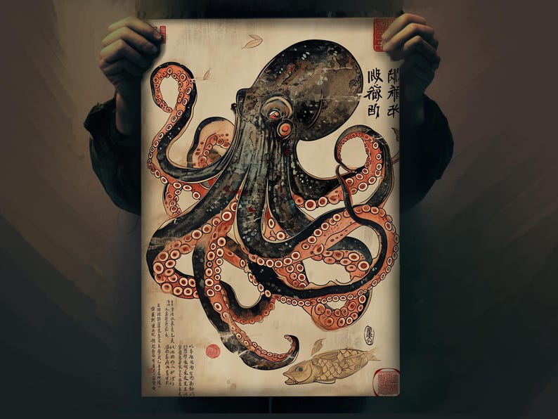 Octopus & Turtle Silk Screen Print - Ukiyo-e Inspired Art - Japanese Sea Creatures Wall Decor - Ocean Life Poster - Nautical Home Decoration image 7