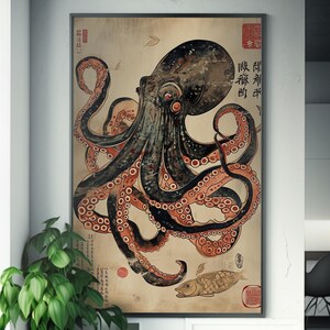 Octopus & Turtle Silk Screen Print - Ukiyo-e Inspired Art - Japanese Sea Creatures Wall Decor - Ocean Life Poster - Nautical Home Decoration image 5
