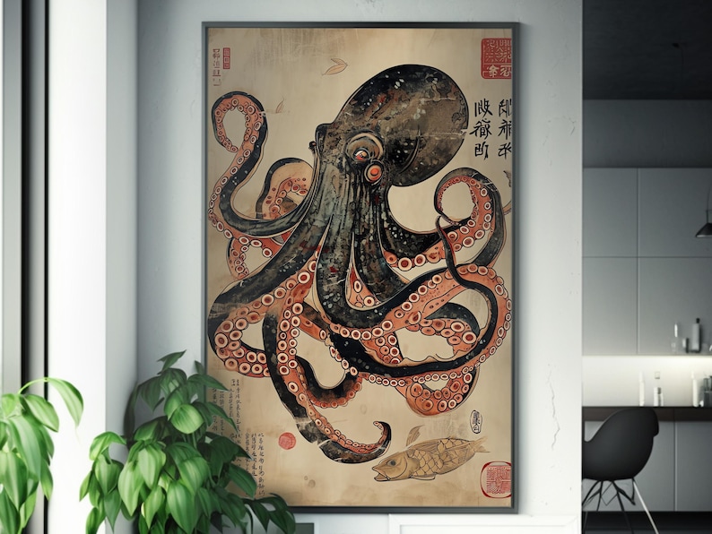 Octopus & Turtle Silk Screen Print - Ukiyo-e Inspired Art - Japanese Sea Creatures Wall Decor - Ocean Life Poster - Nautical Home Decoration image 5