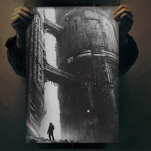 Puede incluir: Una fotografía en blanco y negro de una figura solitaria con un traje espacial de pie frente a una gran estructura industrial imponente.