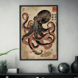 Octopus & Turtle Silk Screen Print - Ukiyo-e Inspired Art - Japanese Sea Creatures Wall Decor - Ocean Life Poster - Nautical Home Decoration image 6