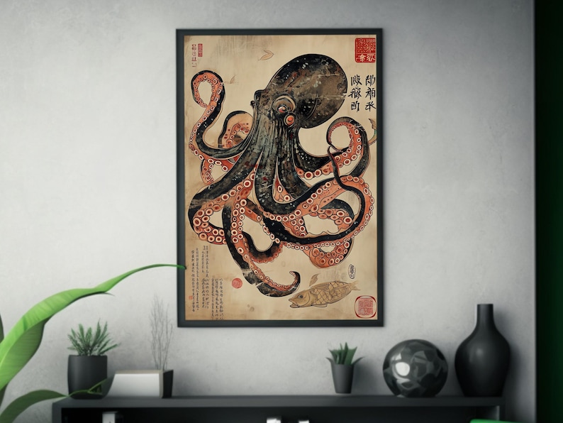 Octopus & Turtle Silk Screen Print - Ukiyo-e Inspired Art - Japanese Sea Creatures Wall Decor - Ocean Life Poster - Nautical Home Decoration image 6