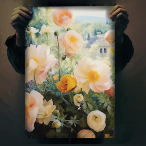 Póster de jarrón de flores de peonía / Arte fotorrealista / Escena de jardín exuberante / Inspirado en artistas clásicos / Decoración de pared / Decoración del hogar / Floral