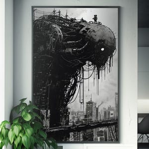 May include: Black and white illustration of a large, mechanical structure with a figure standing on top. The structure appears to be made of metal and wires, and it is set against a cloudy sky.