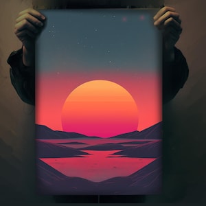Póster de puesta de sol con ondas sintéticas / Arte vectorial / Imágenes espaciales / Paisajes de montaña / Estilo retro / Diseño ilustrativo / Arte galardonado /