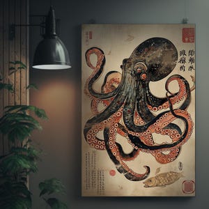 Serigrafía de pulpo y tortuga. Arte inspirado en Ukiyo-e. Decoración de pared con criaturas marinas japonesas. Póster de vida oceánica. Decoración náutica para el hogar.