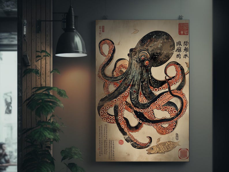 Octopus & Turtle Silk Screen Print - Ukiyo-e Inspired Art - Japanese Sea Creatures Wall Decor - Ocean Life Poster - Nautical Home Decoration image 1