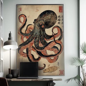 Octopus & Turtle Silk Screen Print - Ukiyo-e Inspired Art - Japanese Sea Creatures Wall Decor - Ocean Life Poster - Nautical Home Decoration image 3
