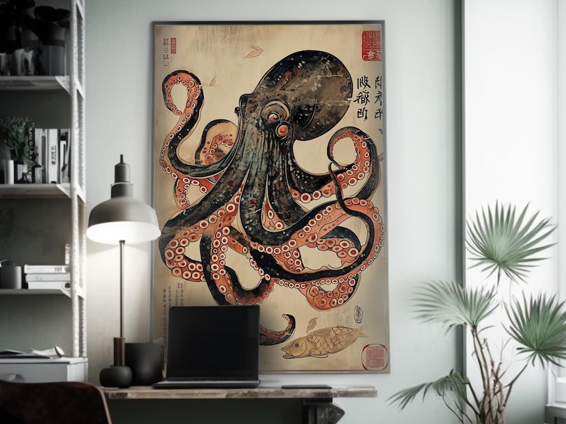 Octopus & Turtle Silk Screen Print - Ukiyo-e Inspired Art - Japanese Sea Creatures Wall Decor - Ocean Life Poster - Nautical Home Decoration image 3
