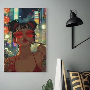 May include: A woman with red hair and red sunglasses is wearing a red top and looking at the camera. She is holding a lollipop in her mouth and has a red lip. The background is a city street at night with neon lights.