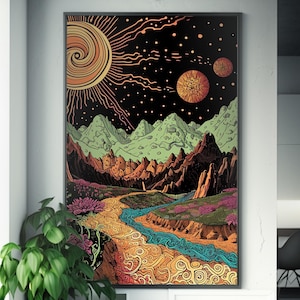 Arte psicodélico de río de montaña / Póster inspirado en LSD cósmico / Paisaje de estación de esquí / Impresión de arte de pared psicodélico / Decoración de naturaleza psicodélica