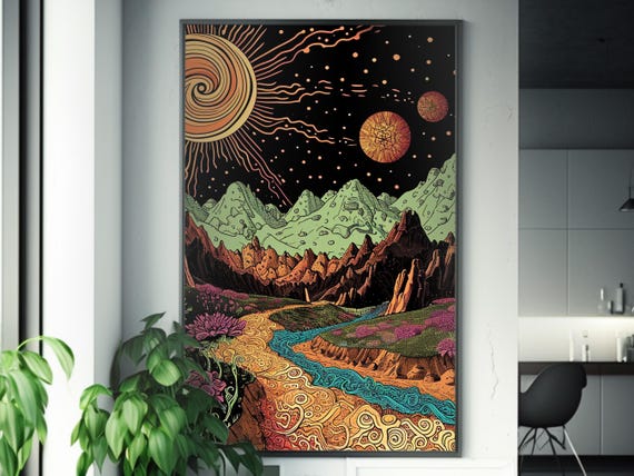 Psychedelic Mountain River Art | Cosmic LSD-Inspired Poster | Ski Resort Landscape | Psychedelic Wall Art Print | Trippy Nature Decor