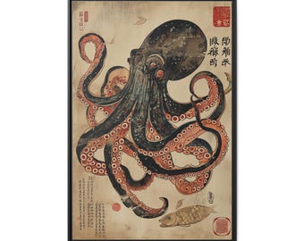 Japanese Ink Octopus Art Matte Canvas Framed | Nautical Wall Decor