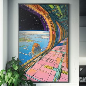 Poster della vista della Terra dalla stazione spaziale / Arte ispirata a Moebius / Pannello Starwatcher / Opere d'arte di fantascienza / Immagini dello spazio / Pixiv