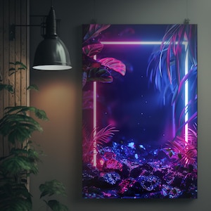 Puede incluir: Una impresión de arte digital que presenta un marco brillante de neón rosa y azul con hojas tropicales y un fondo azul oscuro. El marco se coloca sobre un fondo de rocas azul oscuro y púrpura.