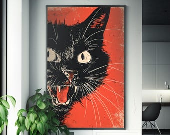 Gothic Black Cat Screenprint | Open Mouth Art Poster | Edgy Unique Style | Street Art Inspired | Behance Contest Winner | Dark Fantasy