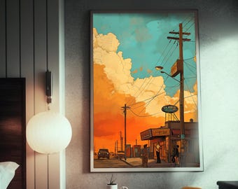 May include: A digital painting depicting a street scene at sunset. The sky is a vibrant orange and blue with fluffy white clouds. Power lines and streetlights run along the street. A building with a sign reading "The Diner" is on the right side of the image. People are walking on the pavement.