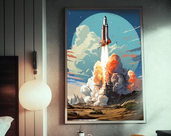 May include: A framed art print depicts a space shuttle launching into a blue sky with a large white and orange cloud formation. The artwork has a retro, illustrative style, with a desert landscape in the foreground.