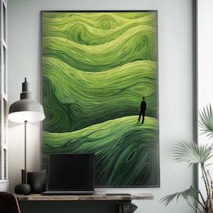 May include: A framed abstract art print depicting a green and black landscape with a solitary figure standing on a hilltop. The landscape is composed of swirling lines that create a sense of depth and movement.