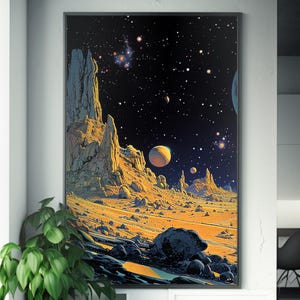 Alien Landscape | Matte Painting | Cosmic Art | Moebius Inspired Style | Space Art Poster | Retro Futurism | Sci-Fi Artwork | image 5