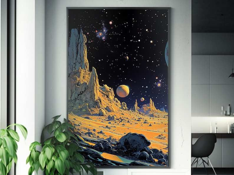 Alien Landscape | Matte Painting | Cosmic Art | Moebius Inspired Style | Space Art Poster | Retro Futurism | Sci-Fi Artwork | image 5