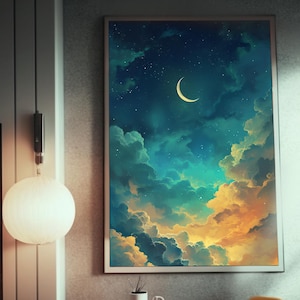 Poster Mondsichel Nachthimmel | Space Art Gemälde | Mondschein Wolken Landschaft | Verträumte Landschaft | Detailreiches Sternenklare Nacht Kunstwerk |