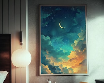 Crescent Moon Night Sky Poster | Space Art Painting | Moonlit Clouds Scenery | Dreamy Landscape | Detailed Starry Night Artwork |