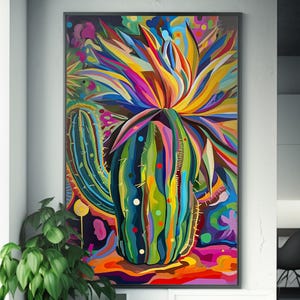 Lebendige Pop Art | Kaktus und Blumen Gemälde | Naive Wüstenkunst | Peyote Saguaro Poster | Südwesten Dekor | Wandkunst