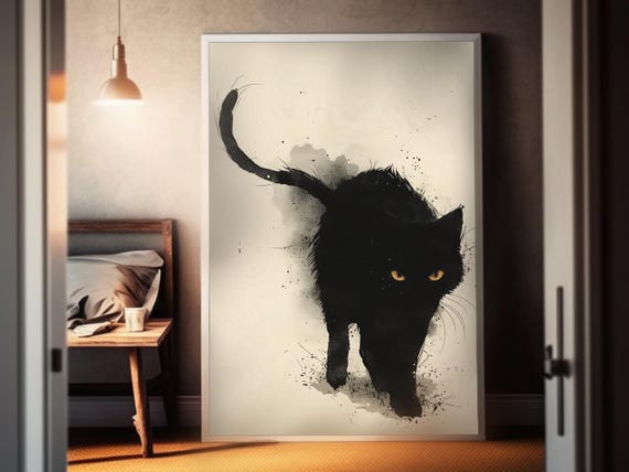 ゴシック黒猫アートポスター | 黄色い目の猫 | ダークな猫の神