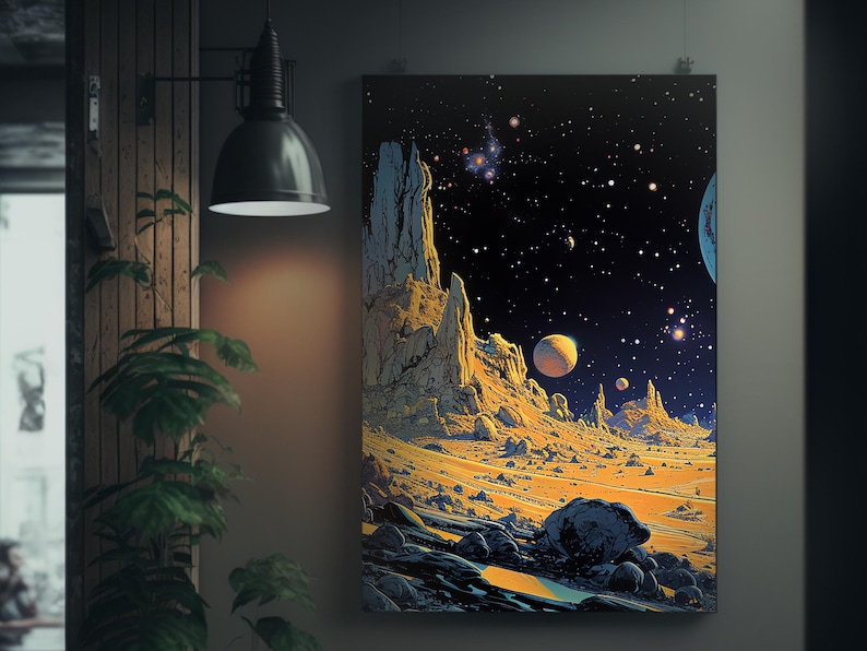 Alien Landscape | Matte Painting | Cosmic Art | Moebius Inspired Style | Space Art Poster | Retro Futurism | Sci-Fi Artwork | image 2