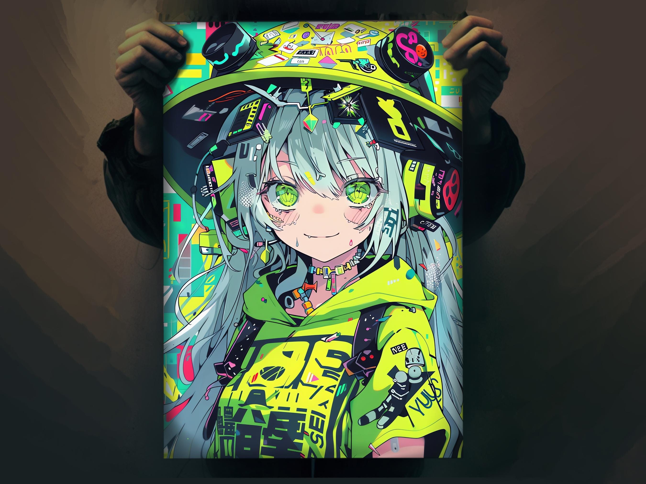 Cyberpunk Anime Girl Poster | Green-eyed Maiden With Hat | Toyism Art ...