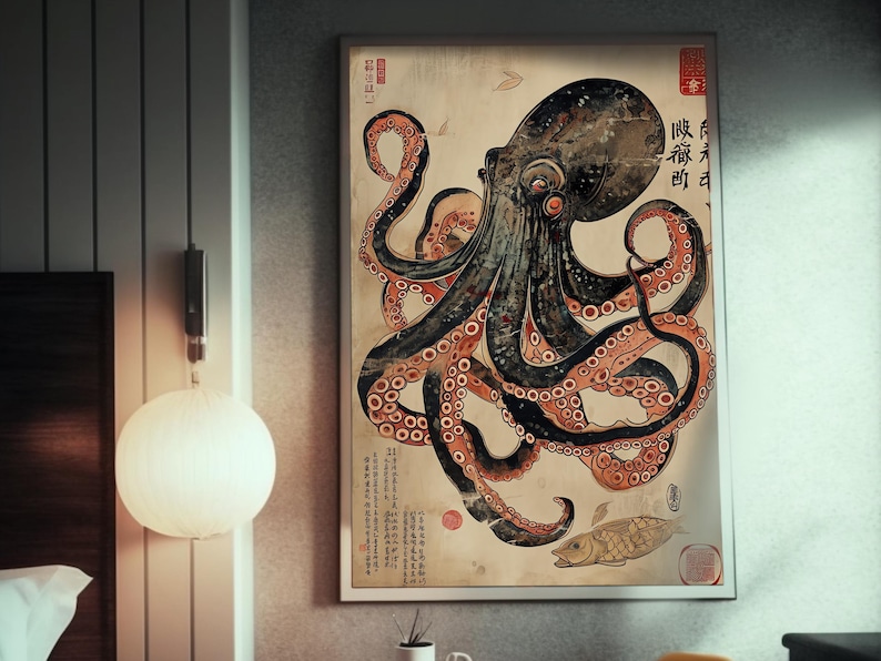 Octopus & Turtle Silk Screen Print - Ukiyo-e Inspired Art - Japanese Sea Creatures Wall Decor - Ocean Life Poster - Nautical Home Decoration image 2