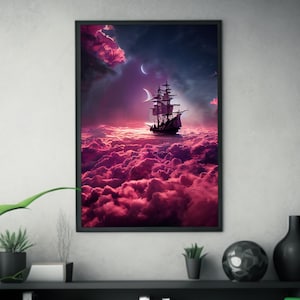 Fantasy Ship in Clouds | Dreamy Matte Painting | Pink Sky Art | Atmospheric Dreamscape | Cute Wall Decor | Fantasy Art Print | Poster
