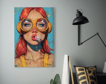 Pintura de arte pop / Mujer soplando burbujas / Arte hiperrealista / Destacado de CGSociety / Arte moderno / Decoración de pared / Arte vibrante