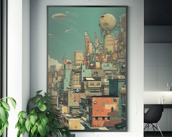 May include: A digital illustration depicting a futuristic city with a large, round, grey structure at its centre. The city is composed of numerous buildings, some tall and slender, others short and squat. The buildings are painted in a variety of colours, including blue, green, yellow, and orange. The sky is a light blue colour, with several white clouds.