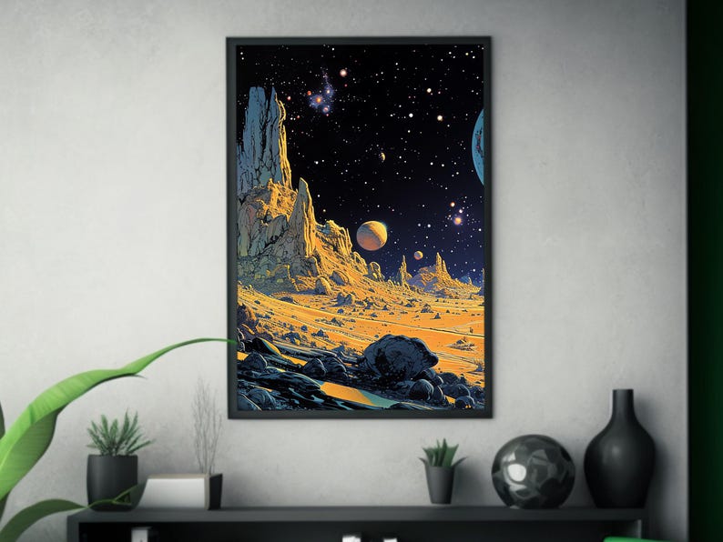 Alien Landscape | Matte Painting | Cosmic Art | Moebius Inspired Style | Space Art Poster | Retro Futurism | Sci-Fi Artwork | image 6