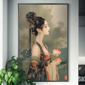 Chinese Palace Art | Fantasy Imagery | Woman in Hanfu | Holding Flower | Traditional Painting | Asian Aesthetics | Wall Art Decor | Oriental