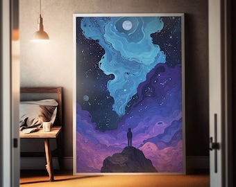 夜空の山頂 | 超高精細ポスター | 宇宙アート | サイケデリックアート | 宇宙の驚異にインスパイアされたアート | 抽象的なスピードアート | 壁