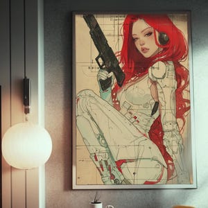 Puede incluir: Una ilustración digital de una mujer con cabello rojo sosteniendo un arma. Lleva un atuendo blanco con un diseño futurista. El fondo es de color beige claro con un patrón de cuadrícula.