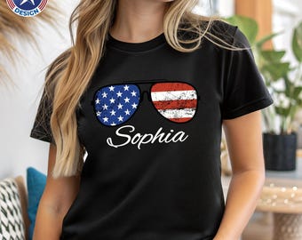 Personalized American Flag 4th of July Shirt Girl Tee, America Glasses Shirt, Coquette USA Flag Shirt, Independence Day American Flag Tshirt