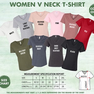 May include: A selection of women's V-neck t-shirts in colours such as white, grey, pink, red, and black. Each shirt is labelled with its colour. A size chart and measurement specifications are included, with chest measurements ranging from 47 to 66 cm.