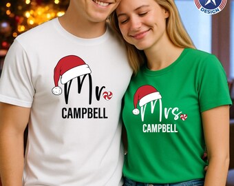 Christmas Couple Shirts Mr and Mrs Custom Name Tee, Matching Holiday Tshirts for Couple, Personalized Santa Hat Tee Married Santa Hat Tshirt