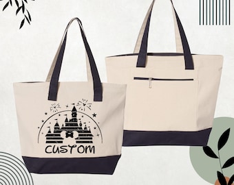 Custom Disney Women Tote Bag, Disney Castle Girls Trip Bag, Disneyland Vacation Zippered Tote Bag, Disneyworld Gift Bags, Disney Travel Tote