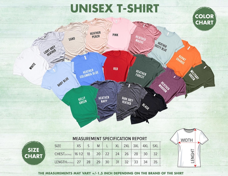 May include: Unisex t-shirt size chart with measurements in inches. The chart shows the chest and length measurements for sizes XS to 5XL. The chart also includes a color chart with 16 different colors of t-shirts.