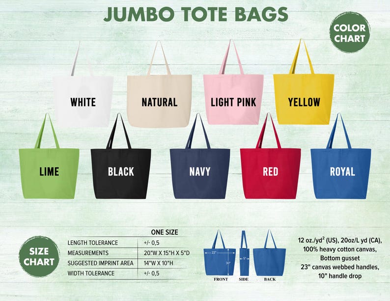 May include: A selection of jumbo tote bags in a range of colours: white, natural, light pink, yellow, lime, black, navy, red, and royal blue. The bags are made of heavy cotton canvas and have webbed handles. Each bag measures 50.8cm W x 38.1cm H x 12.7cm D.