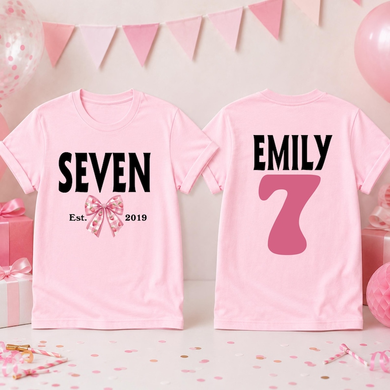 T-shirt nœud papillon pour 7 ans, T-shirt personnalisé pour 7e anniversaire, T-shirt pour une fête d'anniversaire de 7 ans, T-shirt Coquette pour 7 ans image 1