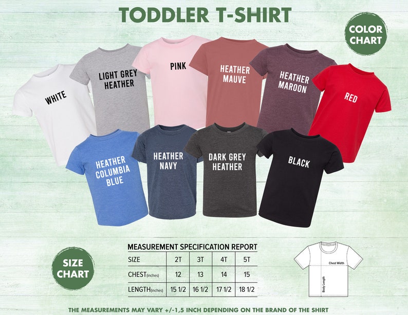 Op de afbeelding: Een kleurenkaart van t-shirts voor peuters in verschillende kleuren, waaronder wit, lichtgrijs melange, roze, heidepaars, heidebordeaux, rood, heidecolumbia blauw, heidemarine, donkergrijs melange en zwart. De kaart bevat ook een maattabel met metingen in inches voor borst en lengte.