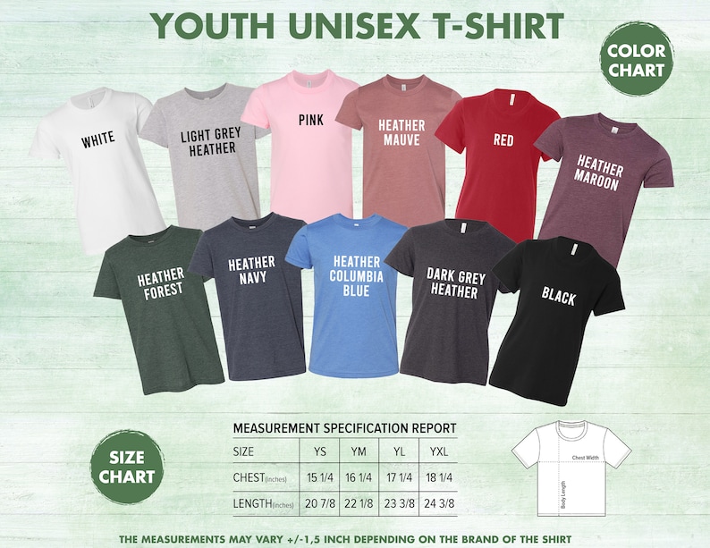 Op de afbeelding: Maattabel voor unisex T-shirts voor kinderen met maten in inches. De tabel toont de borst- en lengtematen voor de maten YS, YM, YL en YXL. De tabel bevat ook een kleurenkaart met 10 verschillende kleuren: wit, lichtgrijs heather, roze, heather mauve, rood, heather maroon, heather forest, heather navy, heather columbia blue, donkergrijs heather en zwart.