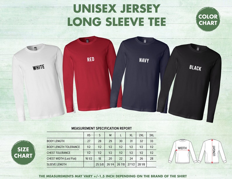 May include: Size chart for a unisex long-sleeve jersey tee in white, red, navy, and black. The chart shows measurements in inches for body length, chest width, and sleeve length for sizes XS to 3XL.