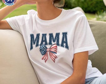 Personalized American Flag Bow Mama 4th of July Shirt Girl Tee, Coquette USA Flag Mama Shirt, Independence Day Shirt, American Flag Tshirt